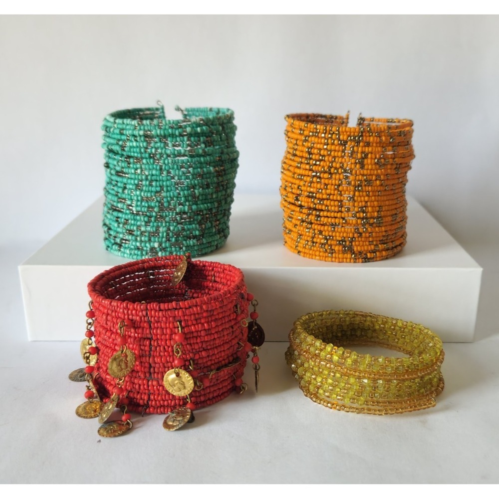 Lot of 4 Vintage Beaded Wrap & Cuff Bracelets Seed Bead Coin‎ Charms Boho Retro